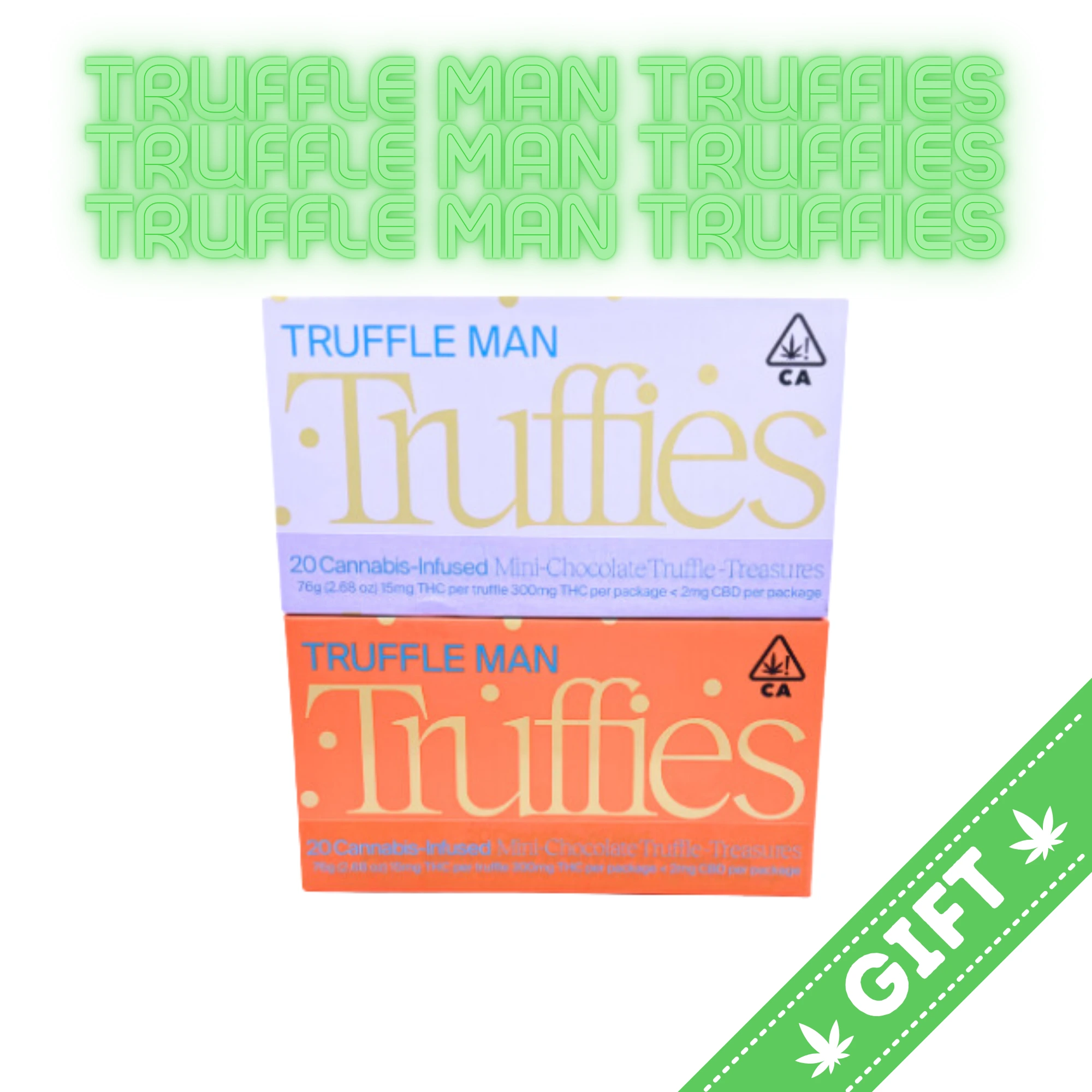 Truffle Man Truffies are always made by hand with fair-trade chocolate, premium full-spectrum weed, and the best ingredients. 300mg per box, 20 pieces - 15mg per piece.